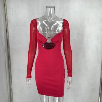 Mesh Patchwork Sexy Dress Women 2019 Red Skinny Summer Dresses With Padded Bra Backless Zipper Mini Dress